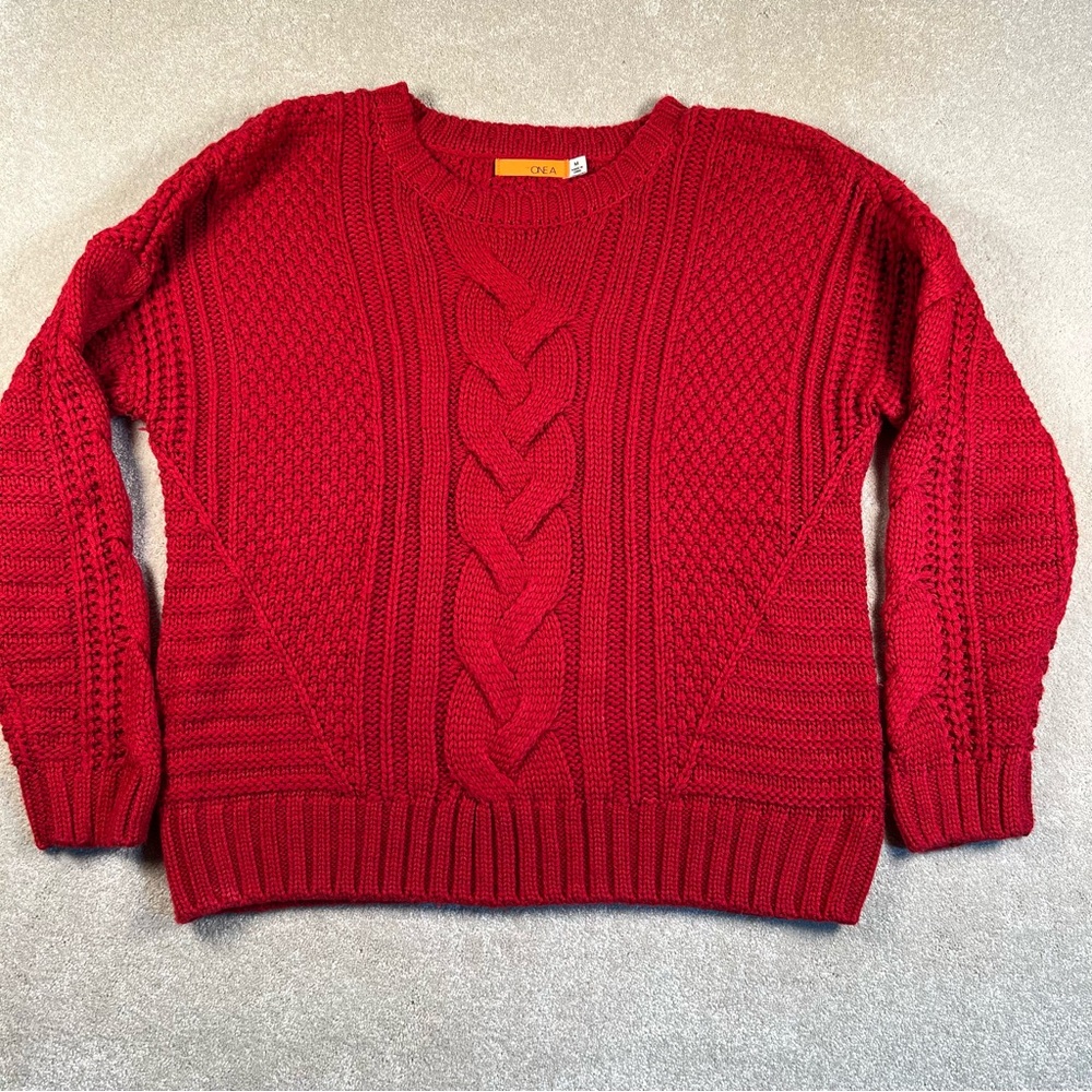One A cable knit red acrylic‎ long sleeve sweater crew neck women's medium